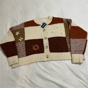 Luna Ivy Patchwork Floral Cardigan in Cream and Brown Women’s Size Small New
